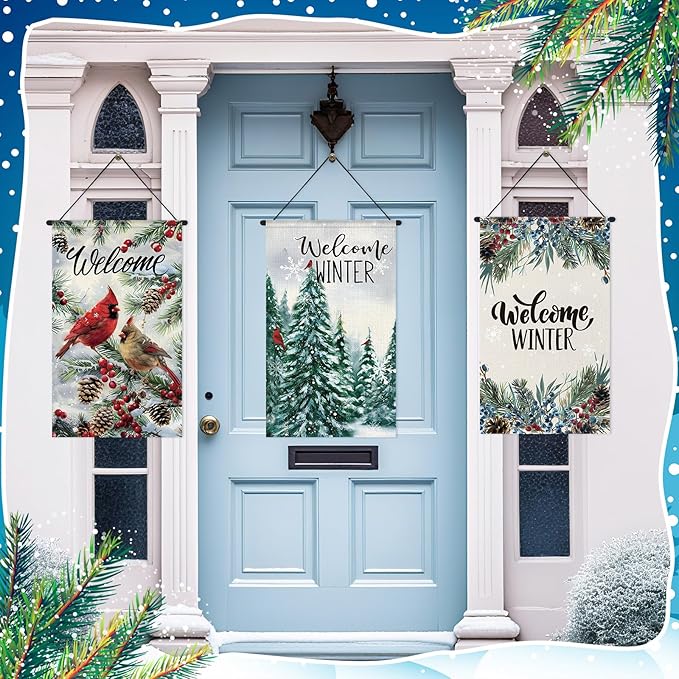 Tegeme 3 Pcs Winter Hanging Banner Cardinal Flag Decoration 12 x 20 Inch Winter Welcome Door Hanger Decoration Pine Tree Garden Flag Holiday Ornaments