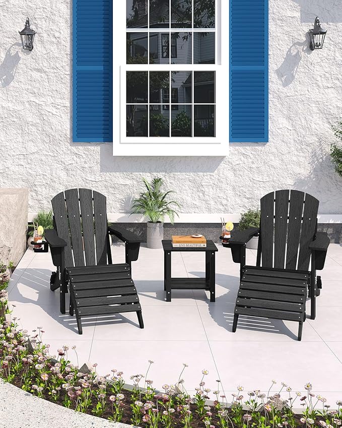 Folding Adirondack Chair Set of 5, All-Weather HDPE Outdoor Chair, Wooden Textured with Cup Holder for patios, Decks, Gardens, fire pits, Black