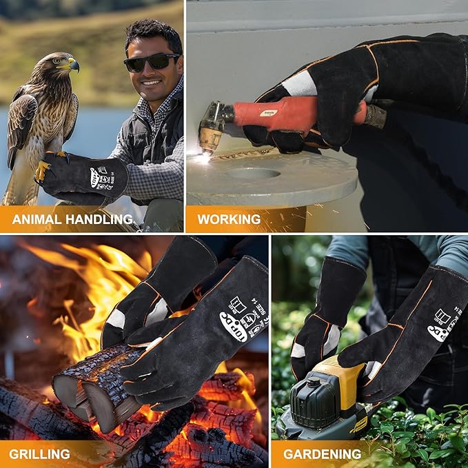 TOPDC Fireplace Gloves 14 Inches Welding Gloves Fire/Heat Resistant Leather Durable & Flexible for Wood Stove Fire Pit Campfire Grill BBQ Oven Mig/Stick Welding Furnace Handling - Christmas Gift, L