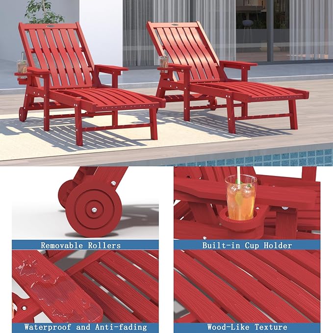 Patio Chaise Lounge Chair Set of 2, Oversized Lounge Chair Outdoor with 5 Positions, HDPE, Patio Lounge Chair with Wheels & Cup Holder for Pool, Deck, Poolside,Red