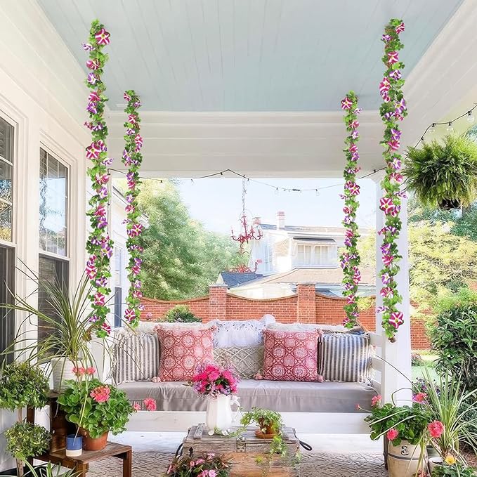 2 Pcs Artificial Flowers Vines Outdoors Silk Petunias Garland Purple Fuchsia Spring Flowers Garland for Mantle 11 FT Fake Morning Glory Hanging Vines for Mailbox Fence Wedding Banquet Decor