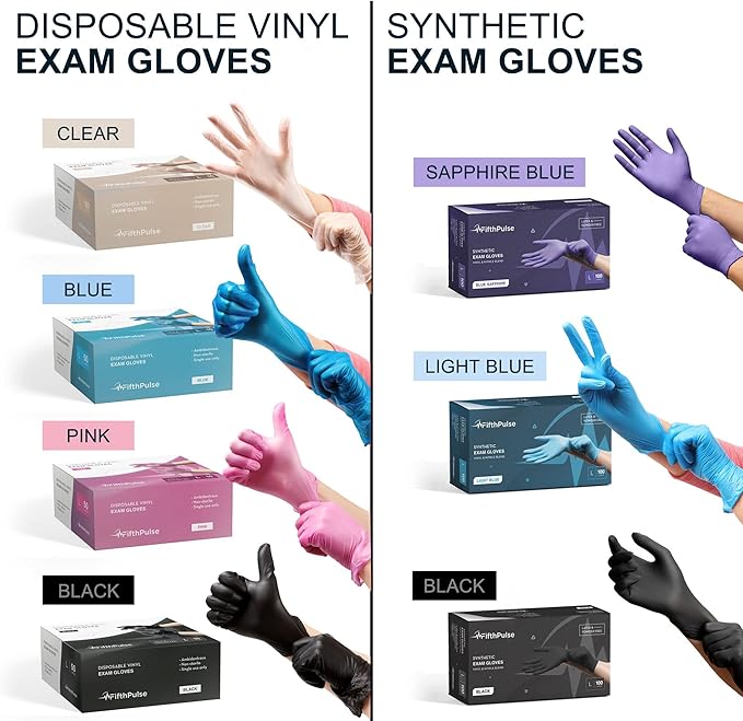 FifthPulse Black Vinyl Disposable Gloves - Powder and Latex Free Medical Exam Gloves
