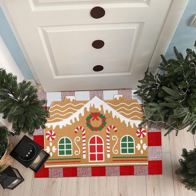 Tinideya 2 Pcs Christmas Door Mat Gingerbread House Welcome Non Slip Coir Mats Merry Xmas Red White Buffalo Plaid Floor Layering Doormats Seasonal for Front Porch Entryway Decor(Gingerbread House)