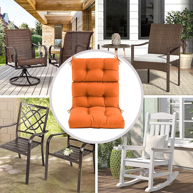 Outdoor/Indoor High Back Chair Cushion, Waterproof Outdoor Rocking Chair Cushion with Ties, Tufted Replacement Seat Cushions for Outdoor Furniture, Orange