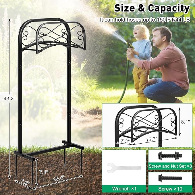 Gtongoko Garden Hose Holder for Outside With Upgrade 4 Prongs Base Detachable Metal Water Hose Holder Freestanding Heavy Duty Organizer Holds 150FT Stand Hanger for Outdoor Yard Black