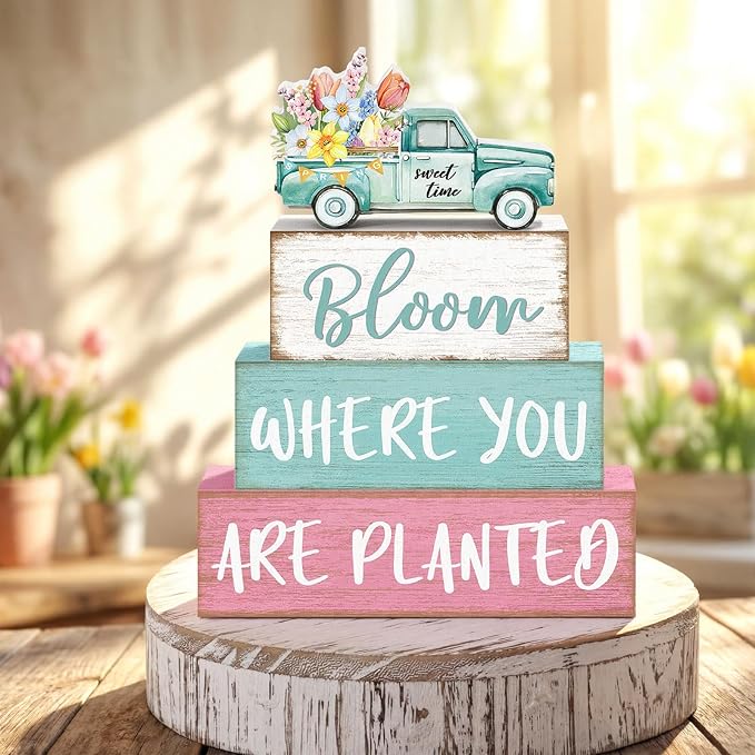 4 Pcs Spring Table Decorations Wooden Truck Floral Block Sign Rustic Flower Tabletop Centerpiece Farmhouse Distressed Easter Spring Decor for Home Office Desk Tiered Tray Decor