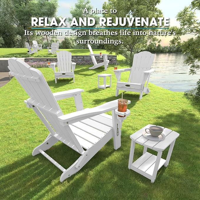 Folding Adirondack Chair Set of 8,HDPE All-Weather Outdoor Chair with Cup Holder,Wooden Textured,Fire Pit Chair,Plastic Patio Chair for Deck,Backyard,Garden,Lawn(White)