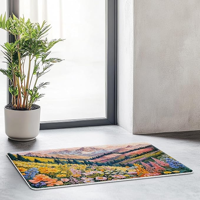 JINYO Watercolor Boho Door Mat, Cottagecore Wildflower Mountain Aesthetic Colorful Welcome Mat Doormat for Front Door Porch Indoor Outside Entrance Entryway, 17x30 Inch