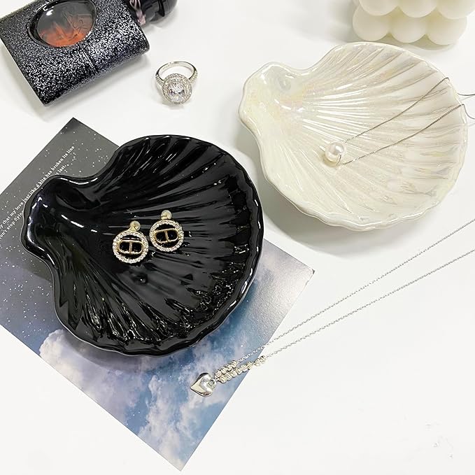 Shell Shape Ring Holder Dish, Seashell Jewelry Dish Tray, Ceramic Trinket Tray for Rings Earrings Necklaces Bracelet, Birthday Mother's Day Christmas Gift for Mom Friend Sister, 3.9", Black