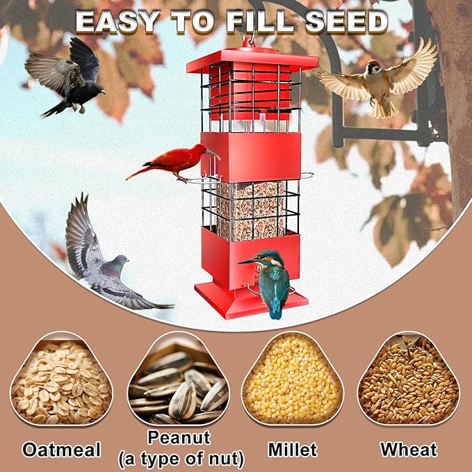 Squirrel Proof Bird Feeders for Outdoors, 3 LBS Large Birdfeeders Outside Hanging, Metal Bird Feeder with 4 Feeding Ports, Weight Activated Backyard Wild Bird Feeders for Finch, Cardinal, Bluebird