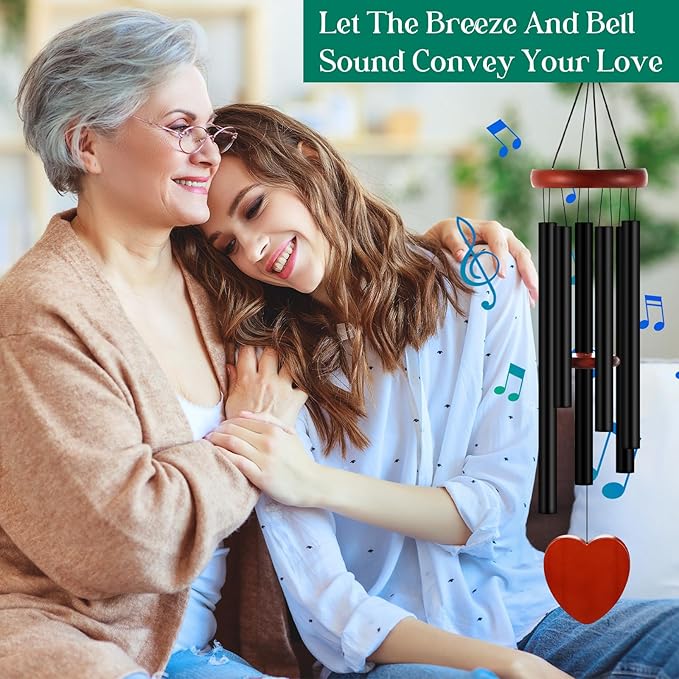 Leinuosen Wind Chimes for Outside Wind Chimes Outdoors Deep Tones 28" with 6 Aluminum Tubes Memorial Sympathy Windchime for Valentine Tree Decor Garden Courtyard Mom Loved One Gifts(Heart,Black)