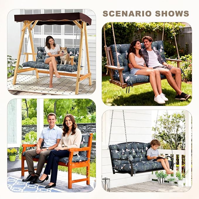 Porch Swing Cushion with Backrest,Waterproof Bench Cushion for Outdoor Furniture,2-3 Seater Replacement Thickened Swing Cushion with Ties,Patio,Outdoor,Backyard and Garden (Tropical Blossom,40x40")