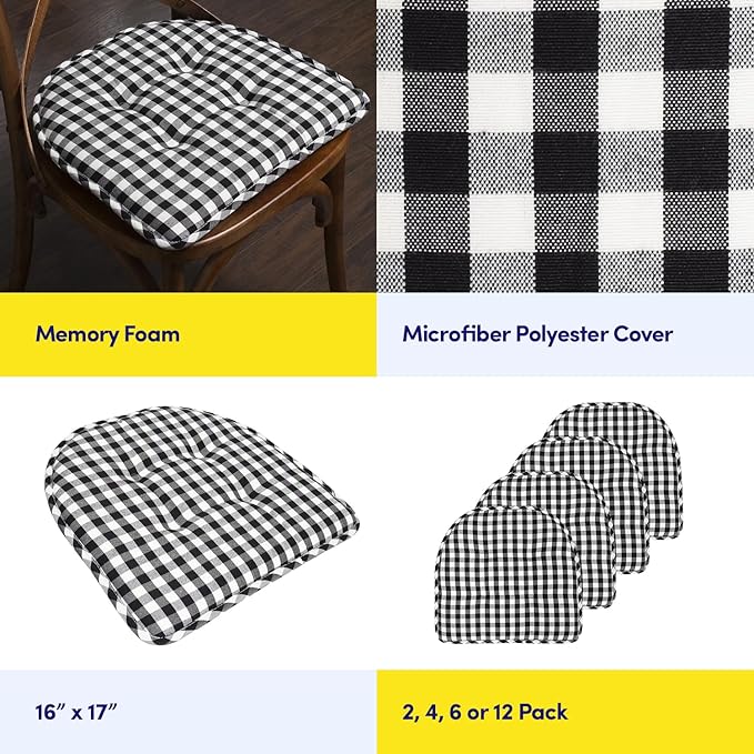 Sweet Home Collection Chair Cushion Memory Foam Pads Tufted Slip Non Skid Rubber Back U-Shaped 17" x 16" Seat Cover, Checkered Black/White 4 Count