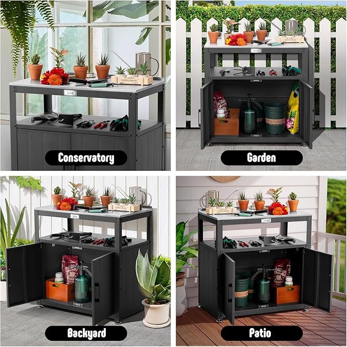 Garden Potting Bench with Storage, Outdoor Potting Table & Garden Work Bench for Plants, Horticulture, Outdoor Potting Station with Stainless Steel Tabletop, Outdoor Work Table