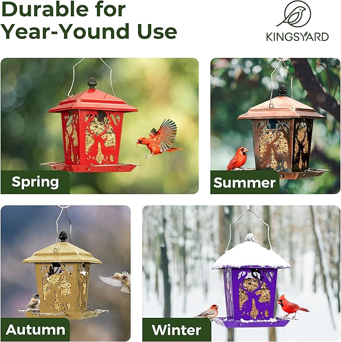 Kingsyard Metal Bird Feeder for Outdoor Hanging - Unique Design Wild Bird Hopper Feeder with 4 Perches and Rainproof Roof, Red