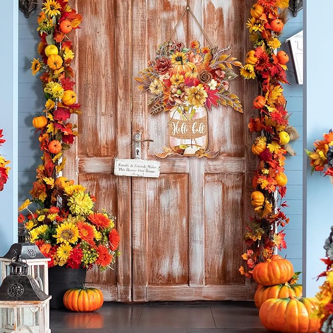 Boao Thanksgiving Welcome Door Sign Gnome Hanging Decor Fall Wooden Sign Autumn Door Decorations Pumpkin Maple Leaves Wood Hanger for Outdoor Farmhouse Front Porch