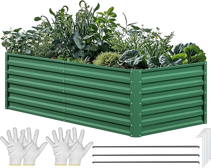 YITAHOME 72x36x24 in Galvanized Raised Garden Bed Kit, Large Metal Planter Box with Gloves & Support Rod, Outdoor Flower Bed for Plants Vegetables, Green