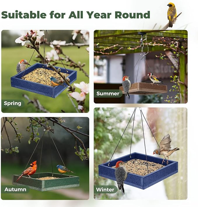 Kingsyard 2 Pack Platform Bird Feeder Tray for Outdoor Hanging - Durable Recycled Plastic & Metal Mesh, Large 3.5 lbs Capacity, Ideal for Attracting Large Birds, Blue