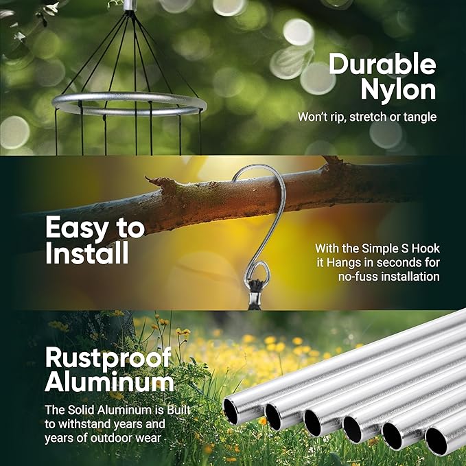 Nature’s Melody Aureole Tunes Wind Chimes – Outdoor Windchime with 6 Tubes Tuned to B Pentatonic Scale, 100% Rustproof Aluminum, Powder Finish & S Hook Hanger for Sympathy, Memorial Gift or Zen Garden