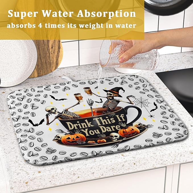 Funny Skull Coffee Matt for Counter Skeleton Dish Drying Mat Halloween Decoration for Home Coffee Bar