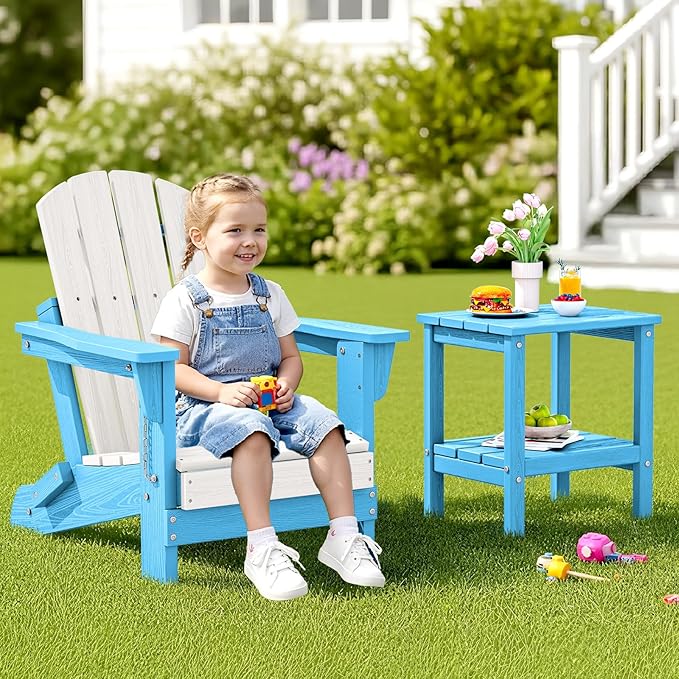SERWALL Kids Adirondack Chair Sets for 2, HDPE Adirondack Chair for Children,All-Weather Resistant for Patio, Garden, Backyard - White and Light Blue