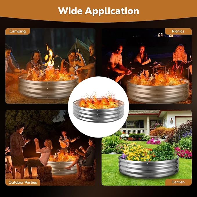 48 Inch Round Galvanized Fire Pit Ring, Silver Round Galvanized Fire Ring, 4 Feet Diameter Fire Pit, Outdoor Pits for Backyard, Camping, Bonfire