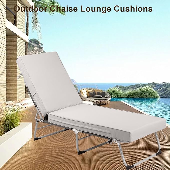 Chaise Lounge Cushions Outdoor Set of 2, Waterproof & Fade Resistant Patio Lounger Cushions, Replacement Sun Lounger Pads with Removable Cover for Pool, Deck, Lawn Furniture