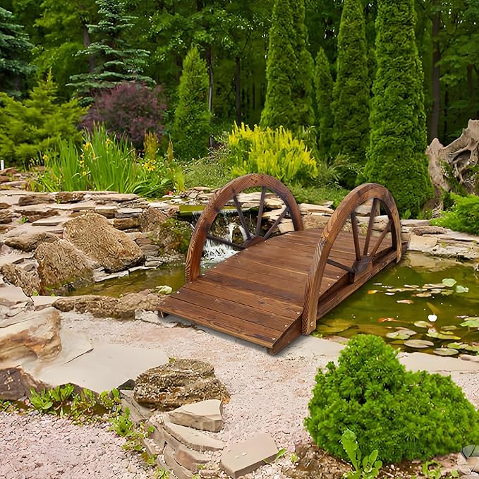5 FT & 3.3 FT Wooden Garden Bridge, Stained Wood Arc Footbridge with Chain or Half-Wheel Railings for Backyard Pond, Creek, Farmhouse Landscape Decor, Easy Assembly (Brown-3FT)