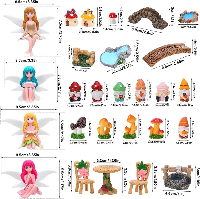 29Pcs Fairy Garden Accessories, Miniature Garden Ornaments Landscape Decorations Mini Fairy Figures Gnome Figure Animal Plant Furniture Set for DIY Terrarium Potted Plants Dollhouse Desk Decor