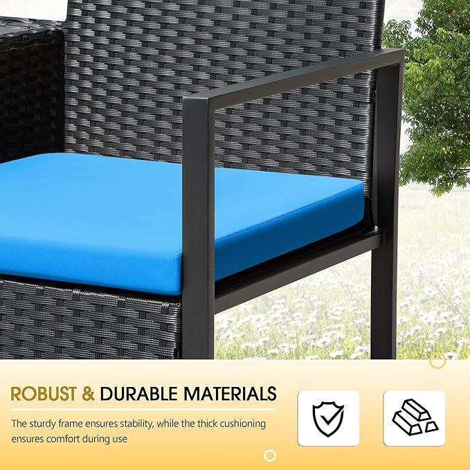 Devoko Patio Conversation Sets Outdoor Loveseat with Built-in Table & Cushions Wicker Patio Furniture Porch Chairs Bench for Lawn, Backyard, Balcony (Blue)
