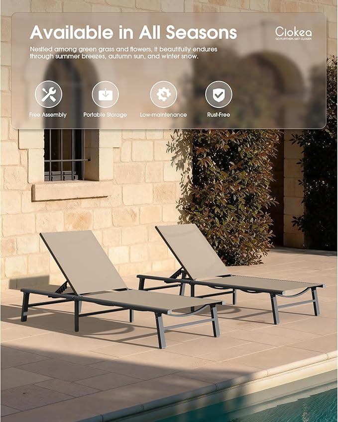 Ciokea Foldable Outdoor Lounge Chair, No Assembly Patio Chaise Lounge Outdoor with 5-Positions, Aluminum Pool Lounge Chair with Portable Design for Pool, Beach, Deck, Backyard, Khaki