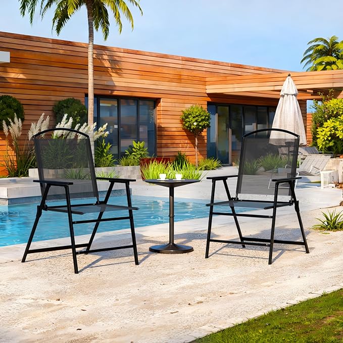 Outdoor Folding Patio Dining Chairs Set of 2 With Armrest Heavy-Duty Lightweight Protable Foldable Patio Sling Chair for Garden Lawn Poolside Backyard Deck Bistro Balcony Sillas Furnitures(2, black)