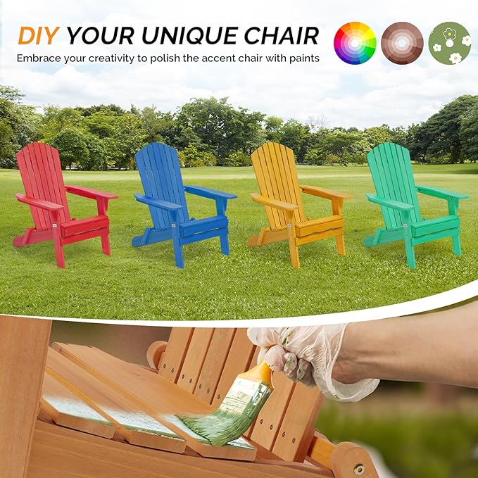 VINGLI Folding Adirondack Chairs Set of 2, Wood Adirondack Chair for Outdoor, Foldable Fire Pit Chairs for Patio, BBQ, Porch, Yard, Pool