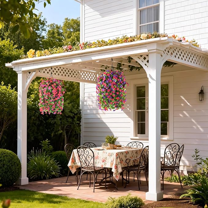 Artificial Fake Hanging Flowers for Outdoors, 2 Pcs Artificial Hanging Plants Outdoors Spring Summer Decor, UV Resistant Faux Violet Silk Flowers for Planters Front Door Yard Garden(Purple Rose Red)