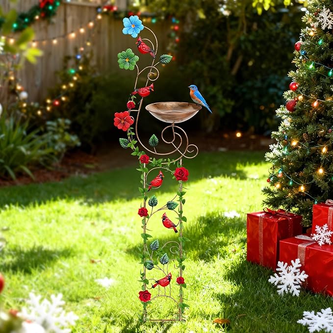 Bird Baths with Trellis for Climbing Plants Outdoor, Small Garden Plant Trellis, Metal Birdbath Birdfeeder Bird Water Feeder with Iron Bowl, Antique Plant Support Structures (Redbird)