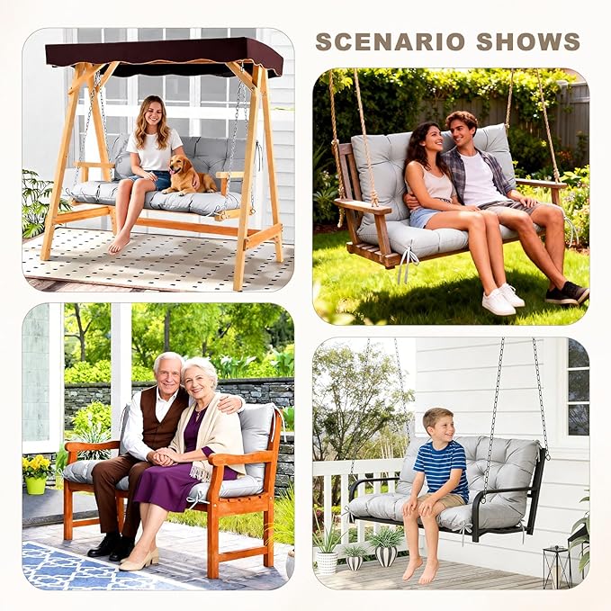 Porch Swing Cushion with Backrest,Waterproof Bench Cushion for Outdoor Furniture,2-3 Seater Replacement Thickened Swing Cushion with Ties,Patio,Outdoor,Backyard and Garden (Light Gray,40x40)