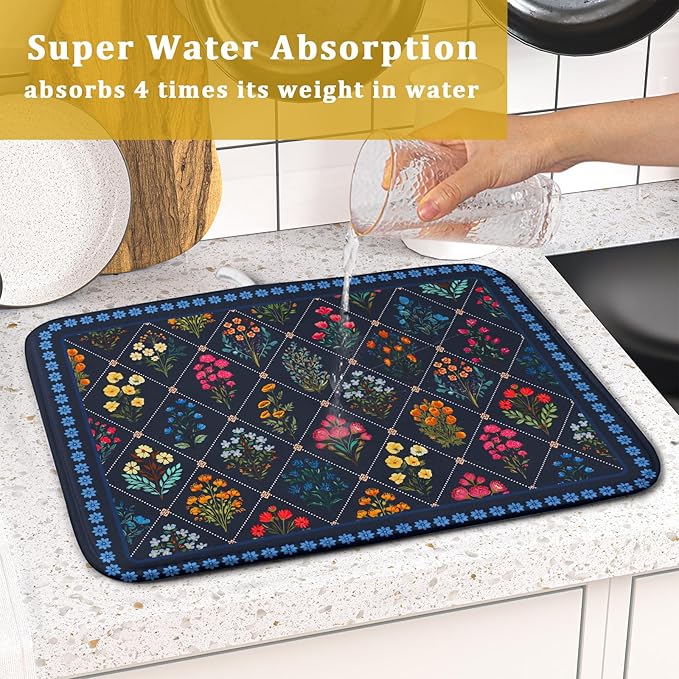 Lapis Blue Dish Drying Mat for Kitchen Counter Flowers Microfiber Absorbent Dish Draining Reusable Washable Small