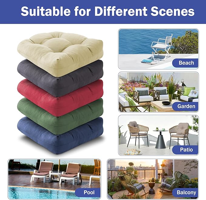Outdoor Chair Cushions Set of 2, Patio Chair Cushions with Ties, 17x17+4” Tufted Outdoor Seat Cushions, Waterproof Patio Furniture Cushions, Outdoor Dining Chair Pads, Beige (Pack of 2)