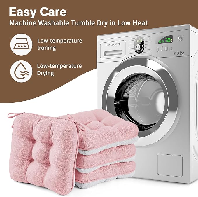 BETU Pink Chair Cushions for Dining Chairs Set of 2,3.5" Thick Kitchen Table Chair Pads with Ties,Non Slip Backing and Covers, Seat Cushion for Dining Room,Bar,Patio Chairs,16"X16"X3.5",Pink