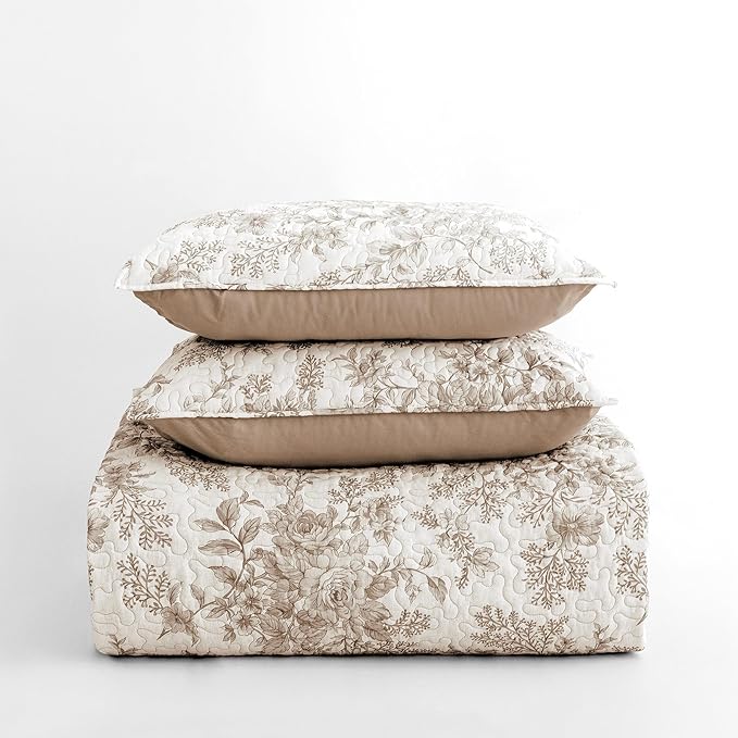 Wonderful Floral Cotton Quilt King Size Stitch Bedding Set, Taupe Lightweight Comforter Cabin Blanket Farmhouse Bedspread with Pillow Shams for All Season