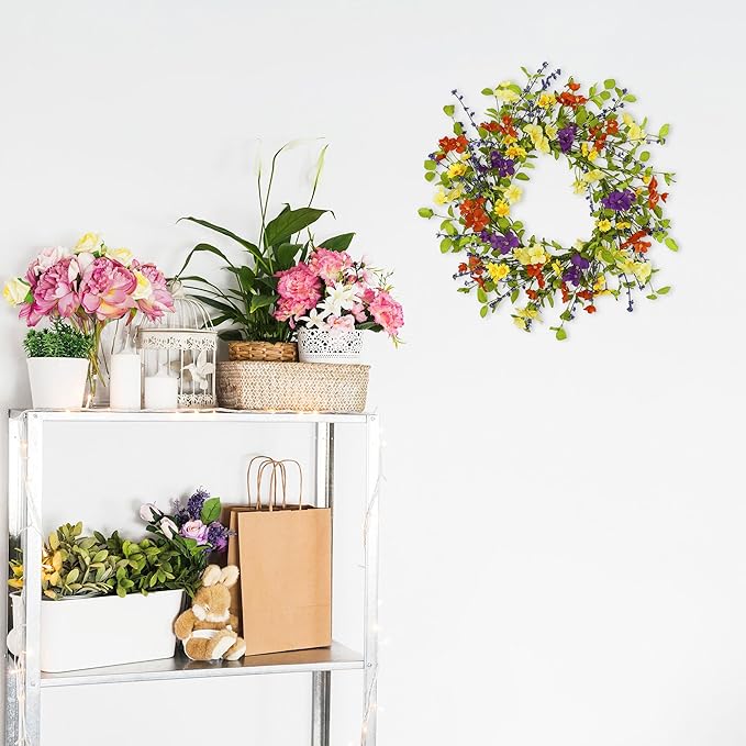 YNYLCHMX 18" Spring Summer Wreaths for Front Door, Artificial Floral Wreath with Colorful Wild Flowers Dicotyledons Berries, Green Foliage Wreath for Wall Window Farmhouse Party Holiday Home Decor