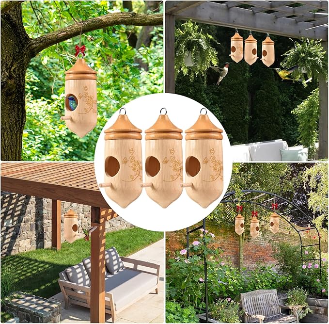 Hummingbird House, Solid Wood Hummingbird Houses for Outside-Exquisitely Handcrafted Birdhouse with Ribbon and String Hanging Kit, Durable Garden Decor, Perfect Gardening Gift (Style-D, 3 Pack)