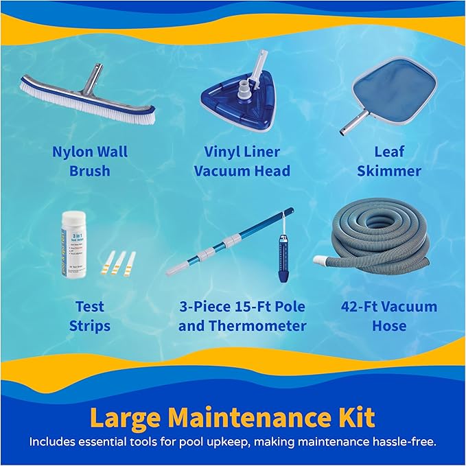 Blue Wave Marbella 15-ft x 30-ft Oval 52-in Deep Above Ground Swimming Pool – Steel Wall & Top Rails, Sand Filter, Skimmer, Liner, A-Frame Ladder & Maintenance Kit – Complete Outdoor Pool Accessories