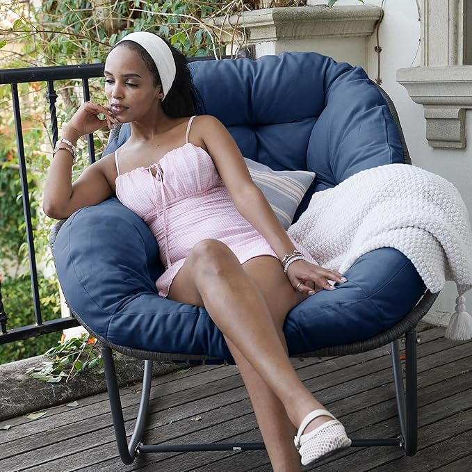 Oversized Rocking Chair Outdoor Set of 2, Rocking Papasan Chair, Patio Egg Chair with Padded Cushion, Outdoor Wicker Rocking Chair for Front Porch, Garden, Patio (Navy Blue)