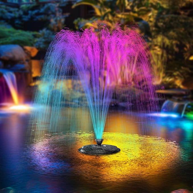 POPOSOAP Floating Pond Fountain with RGB LED Lights, 660GPH Pond Pump 30Ft Cable Length with 3 Modes Sprinkler & 65.6Ft Mooring Line, Floating Fountain for Outdoor Pond