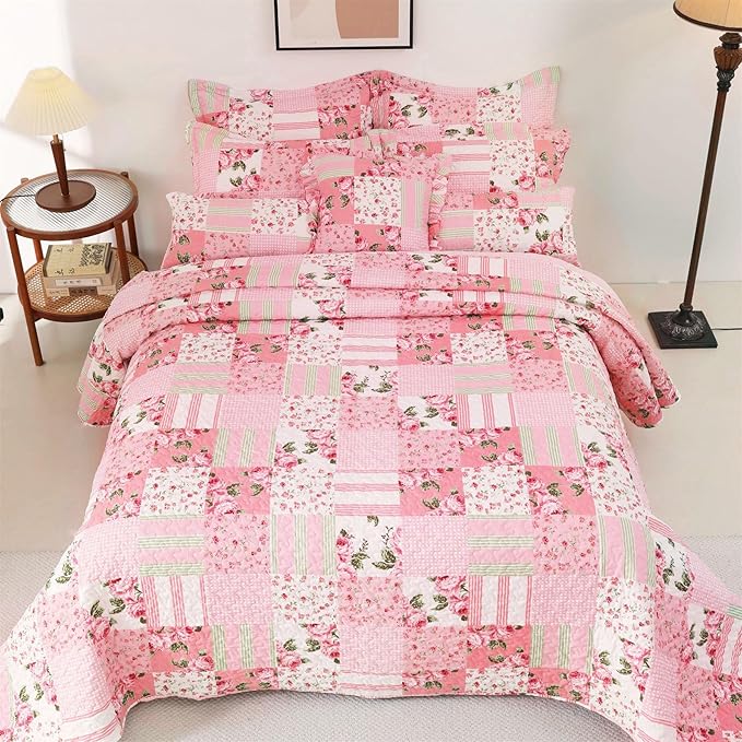 Cmfshape Floral Bedspread with 2 Pillow Shams-King Size,Patchwork Pink Quilt Set 3 Piece,Summer Quilt for Girls Women,Lightweight Reversible Bed Coverlet for All Seasons(King106 x96 Pink)