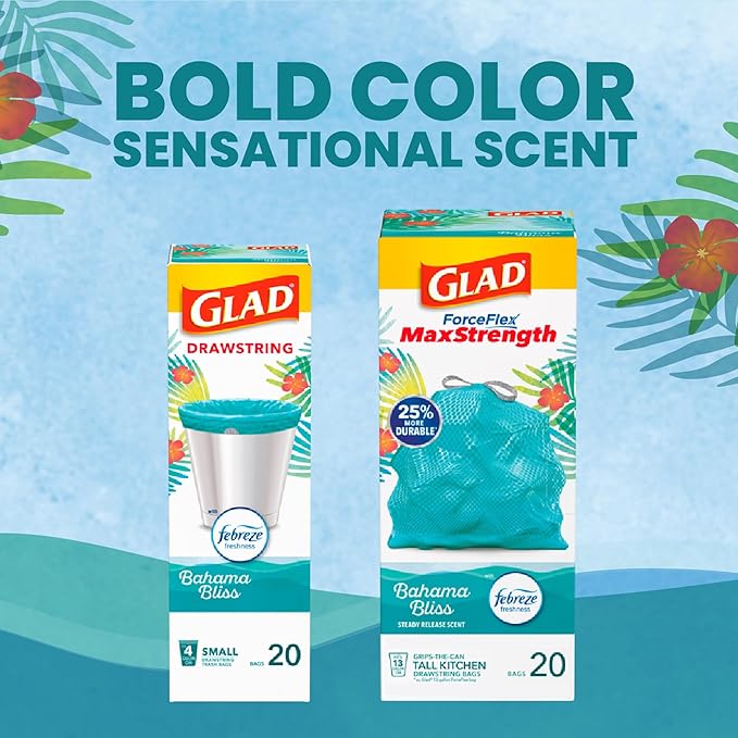 Glad Small Trash Bags 4 Gallon, Febreze Bahama Bliss Garbage Bags, Odor Resistant with Drawstring, 80 Count