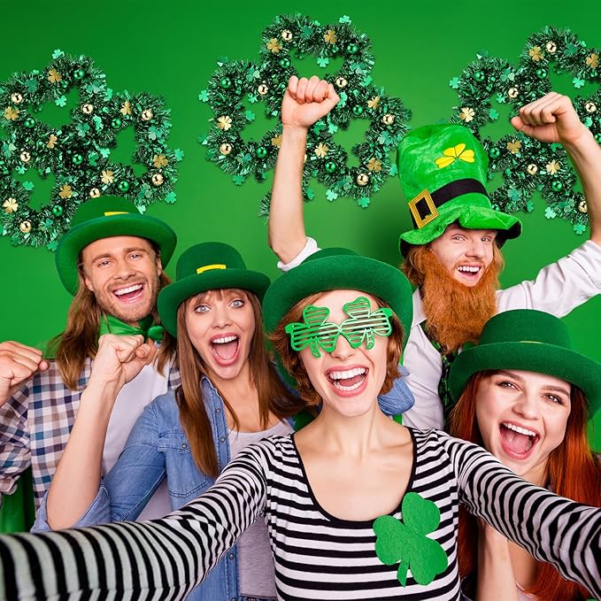 3 Pcs St. Patrick's Day Shamrock Tinsel Wreath 15.4" Large Irish Green Gold Lucky Clover Garland with Decorative Balls Thick Tinsel Hanging Decor for Front Door Outdoor Home Wall Window