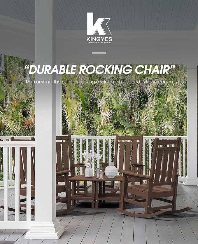 KINGYES Outdoor Rocking Chair Set of 2, All-Weather Patio Rocking Chairs for Porch, HDPE Rocking Outdoor Chairs with High Back for Adult, Heavy Duty Outdoor Patio Rockers for Garden, Lawn, Coffee