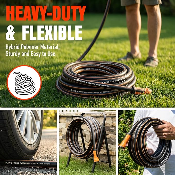 Garden Hose 50 ft x 5/8", Heavy Duty Water Hose, Flexible and Durable, Kink Resistant Lightweight Hybrid Hose, Leakproof Yard Hose with Male to Female Fittings